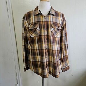 Prana Cotton Flannel Shirt Brown Yellow Plaid Long Sleeve Button Up Top XXL‎